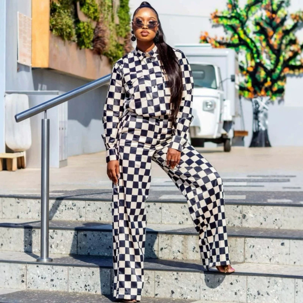 ZARA Women Casual Long Sleeve Plaid Shirt and Wide Leg Pants Set African Style